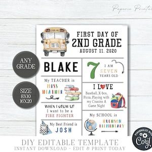 EDITABLE First Day of School Sign, Back to School Sign, First Day of Kindergarten, School Printable, Photo Prop - Edit with Corjl - #S112