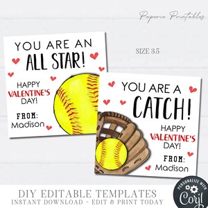 EDITABLE Valentine Cards for Kids, Softball Valentine Cards, Sports Valentine Tags, Valentine Cards Printable, DIY with Corjl - #VT43(7)
