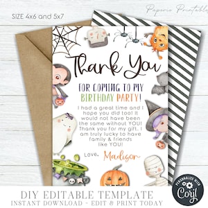 EDITABLE Halloween Birthday Thank You Card, Halloween Thank You Card, Thank You Halloween Card Template - DIY Edit with Corjl - #BP129