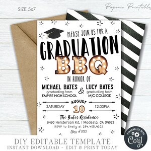May include: Black and white graduation party invitation with a black and white striped background. The invitation says "Graduation BBQ" in large black letters with light bulbs around the letters. The invitation also includes the names "Michael Bates" and "Lucy Bates" and the date "August 10".