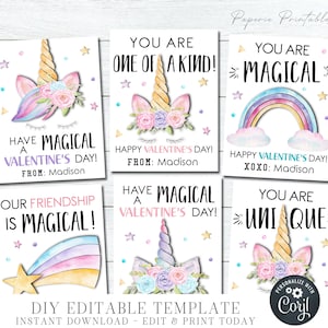 EDITABLE Unicorn Valentine Cards, Kid Valentine Cards, School Valentine Tags, Printable Valentines, Unicorn Printbles, DIY with Corjl #VT69