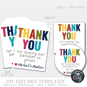 Editable Thank You Tag, Birthday Party Favor Tag, Primary Colors Minimalistic Birthday Tag, Thank You Party Favor Tag - #BP80 #BP52 #BP78