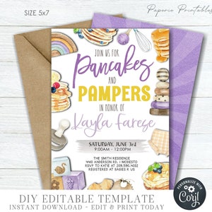 EDITABLE Pancake Baby Shower Invitation, Girl Pancakes and Pampers Shower Invitation, Pancakes and Pacifiers Baby Shower, DIY Corjl - #BS83