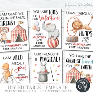 EDITABLE Circus Valentine Cards, Kid Valentine Cards, School Valentine Tags, Carnival Valentines, Printable Valentines, DIY Corjl - #VT98