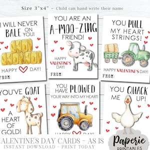 Farm Valentine Cards for Kids, Kids Valentine Cards, Farm Valentine Cards, Printable School Valentine, AS-IS, Instant Download, #VT96