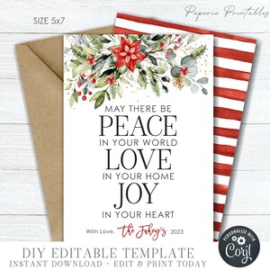 EDITABLE Love, Peace and Joy Christmas Card, No Photo Christmas Card, Floral Christmas Card, Business Christmas Card - DIY w/Corjl - #CC115