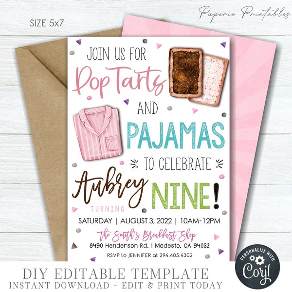 EDITABLE Pajama Birthday Invitation, Pajamas and Toaster Pastries Birthday Invitation, Pastries and Pajamas Invitation, DIY Corjl - #BP153
