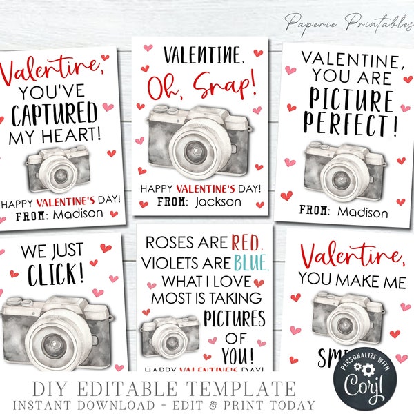 EDITABLE Photography Valentine Cards, Camera Valentine Cards, Photographer Valentine Tags, Printable Valentines, DIY with Corjl - #VT94