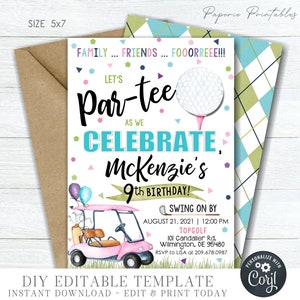 Editable Golf Birthday Party Invitation, Let&#39;s Par-Tee Golf Birthday, Girl Golf Birthday Invitation, Golf Birthday, DIY with Corjl - #BP07