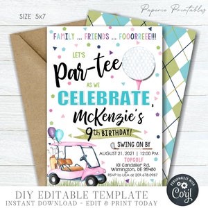 Editable Golf Birthday Party Invitation, Let's Par-Tee Golf Birthday, Girl Golf Birthday Invitation, Golf Birthday, DIY with Corjl - #BP07