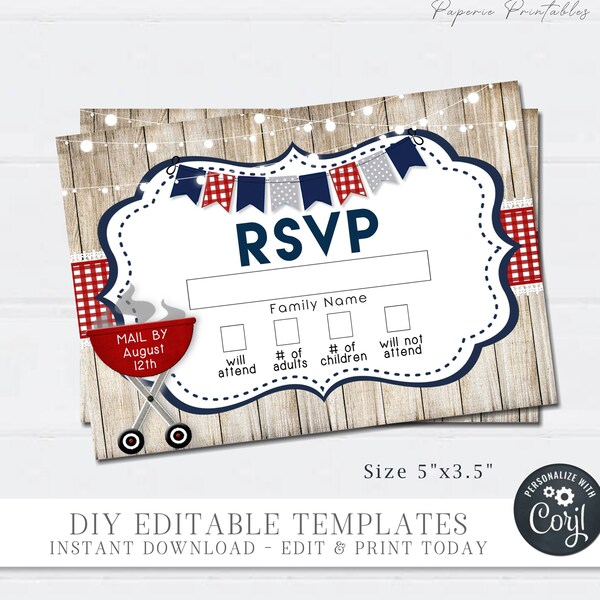 Editable Rsvp Cards, BBQ Party Rsvp Cards, Summer BBQ Rsvp Template, Rsvp Printable, Company Party Rsvp - DIY Edit with Corjl - #COP01