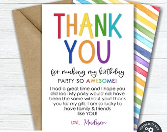 May include: Printable thank you card with a rainbow design. The text reads "Thank You for making my birthday party so awesome!" and "Love, Madison".