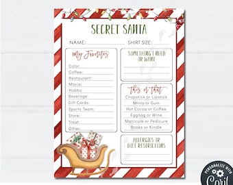 EDITABLE Secret Santa Questionnaire Printable, Christmas Secret Santa, Co-Worker Christmas Wish List Printable, DIY with Corjl #CG11
