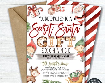 May include: A printable invitation for a Secret Santa gift exchange. The invitation features a red and white striped background with a white border. The text on the invitation reads "You're invited to a Secret Santa Gift Exchange" with a festive illustration of a Christmas scene.