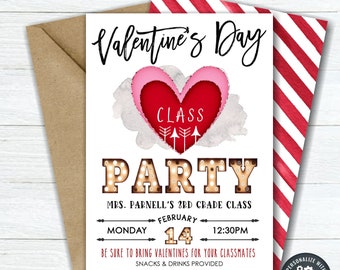 May include: A printable Valentine's Day party invitation with a red heart with the word "CLASS" inside. The invitation is for Mrs. Parnell's 3rd grade class on Monday, February 14th at 12:30 PM. The invitation says to bring Valentines for classmates and that snacks and drinks will be provided.