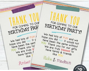 May include: Two printable thank you cards for a birthday party. The cards are decorated with colorful stripes and a faux washi tape design. The text on the cards reads "Thank You for coming to our birthday party!" and includes a message about how much fun the party was. The cards are sized 4x6 and 5x7 inches.