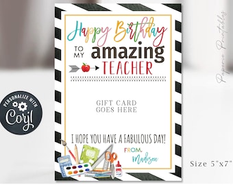 EDITABLE Amazing Teacher Birthday Gift Ticket Holder, Teacher Birthday Gift Card Holder Printable, Teacher Printable Gift, DiY Corjl #TBT05