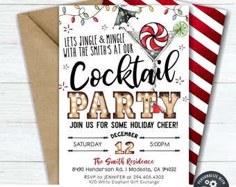 May include: A Christmas cocktail party invitation with a red and white striped background. The invitation features a festive cocktail glass with a candy cane and lime. The text reads "Let's Jingle & Mingle with the Smith's at our Cocktail Party. Join us for some holiday cheer! Saturday, December 12, 5:00 PM. The Smith Residence, 8490 Henderson Rd. I Modesto, CA 94032. RSVP to Jennifer at 294.405.4302. $20 White Elephant Gift Exchange."