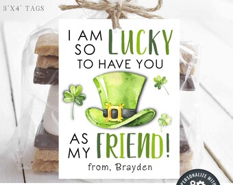 May include: Printable gift tag with a green leprechaun hat and shamrocks. The tag says "I am so lucky to have you as my friend!" and has space to add a name.