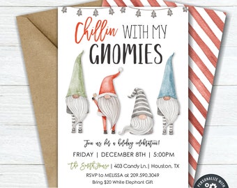 May include: A printable invitation for a holiday party with a watercolor illustration of three gnomes. The invitation reads "Chillin with my Gnomies" and includes the date, time, and location of the party. The text "DIY Editable Template" and "Instant Download - Edit & Print Today" is also included.