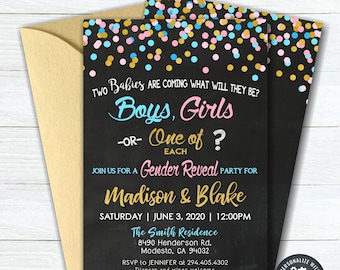 Twins Gender Reveal Invitation: Pink, Blue, Gold Confetti (DIY Editable, Digital Download) #GRP1