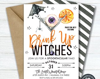 May include: A printable Halloween party invitation with a spooky cocktail glass with an eyeball and orange slice. The text reads "Drink Up Witches" and includes details for a costume contest and party date and time.
