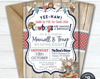 Twin Cowboy Birthday Invitation: Western Theme (DIY Editable with Corjl) #BP156