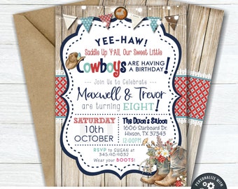 EDITABLE Twin Cowboy Birthday Invitation, Western Birthday Template, Cowboys Birthday Invitation, Twin Birthday, DIY Edit w/Corjl #BP156 (3)