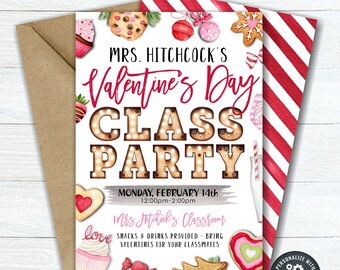 May include: A printable Valentine's Day classroom party invitation with a red, white, and pink color scheme. The invitation features a watercolor illustration of cookies, cupcakes, and other Valentine's Day treats. The text on the invitation reads "Mrs. Hitchcock's Valentine's Day Class Party" and "Monday, February 14th 12:00pm-2:00pm".