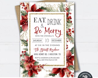 Floral Christmas Party Invitation: Eat, Drink & Be Merry (DIY Editable Corjl Template) #CP89