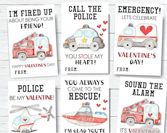 May include: Set of printable Valentine's Day cards featuring watercolor illustrations of police cars, fire trucks, and a helicopter. The cards have cute messages like "I'm fired up about being your friend!" and "You stole my heart!"