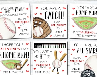 May include: Printable Valentine's Day cards featuring baseball-themed designs. The cards have different messages, such as "You are MVP!" and "You are a Home Run!" Each card has a baseball, glove, or baseball field illustration and the text "Happy Valentine's Day!"  The cards are customizable with a "From:" line.