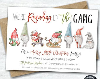 May include: A Christmas party invitation with a white background and a watercolor illustration of gnomes. The text reads "We're Rounding Up The Gang for a Merry Little Christmas Party!" with details about the party date, time, location, and RSVP information.