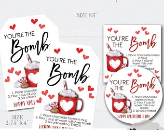 May include: Valentine's Day tags with a red mug design, the text "You're the Bomb", and instructions for making hot chocolate. The tags are white with red hearts and come in various shapes and sizes.