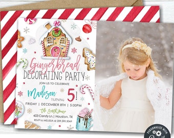 May include: A printable invitation for a gingerbread decorating party. The invitation features a watercolor illustration of a gingerbread house, candy canes, and other holiday treats. The text on the invitation reads "Gingerbread Decorating Party" and includes the child's name, age, and party details. The invitation is designed to be personalized with a photo.
