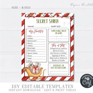 EDITABLE Secret Santa Questionnaire Printable, Christmas Secret Santa, Co-Worker Christmas Wish List Printable, DIY with Corjl #CG11