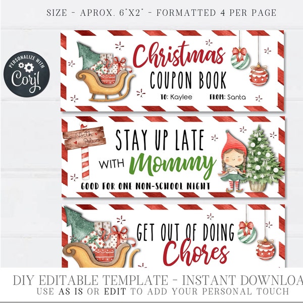 EDITABLE Kids Christmas Coupon Book, Christmas Coupons for Kids, Stocking Stuffers, Christmas Coupons, Printable - Edit with Corjl - #CG04