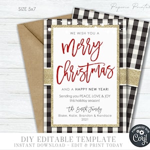 EDITABLE Country Christmas Card - No Photo Christmas Card - Buffalo Plaid Christmas Card - Gold Glitter Christmas - DIY Edit Corjl - #CC109