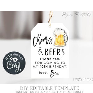EDITABLE Cheers and Beers Birthday Favor Tag, Editable Favor Tag, Adult Birthday Favor Tag, DIY Editable Favor Tag, Edit with Corjl - #BP119