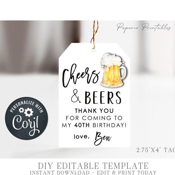 EDITABLE Cheers and Beers Birthday Favor Tag, Editable Favor Tag, Adult Birthday Favor Tag, DIY Editable Favor Tag, Edit with Corjl - #BP119