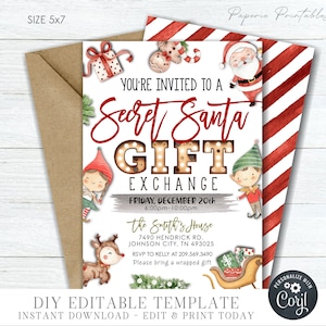 EDITABLE Secret Santa Christmas Party Invitation - Secret Santa Party Invitation - Christmas Secret Santa Party - DIY with Corjl - #CP64