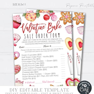 EDITABLE Valentine Bake Sale Order Form, Valentine Bake Order Template, Valentine Fundraiser Order Form Printable, DIY Corjl - #VP13 #VP14