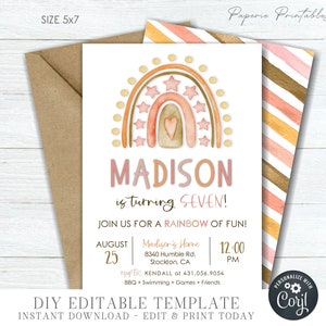 Boho Rainbow Birthday Invitation: Editable Corjl Template (5x7)
