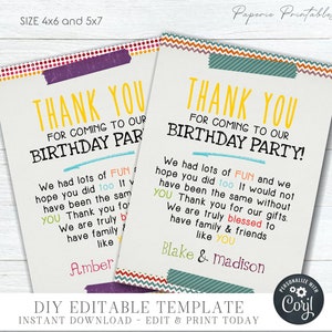 EDITABLE Kids Birthday Thank You Card, Colorful Thank You Card, Children's Birthday Thank You  Card, Thank You Card Printable, CORJL #BP61