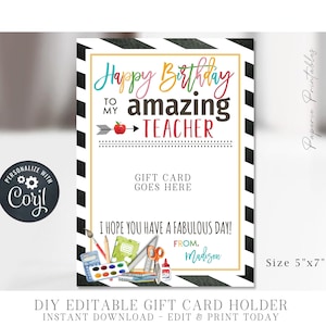 EDITABLE Amazing Teacher Birthday Gift Ticket Holder, Teacher Birthday Gift Card Holder Printable, Teacher Printable Gift, DiY Corjl #TBT05