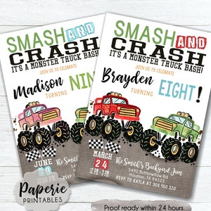 Monster Truck Birthday Party Invitation, Monster Truck Invitation, Smash and Crash Birthday Invitation, Birthday Invitation - #BP10