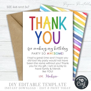 EDITABLE Colorful Birthday Thank You Card, Birthday Thank You Card, Bright Birthday Thank You Card, Colorful Thank You, DIY w/Corjl - #BP174