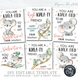 EDITABLE Koala Valentine Cards, Kid Valentine Cards, School Valentine Tags, Koala Bear Valentines, Printable Valentines, DIY Corjl - #VT78