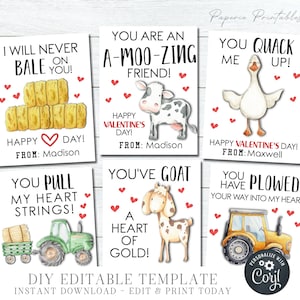 EDITABLE Farm Valentine Cards, Kids Farm Animals Valentine Cards, Farm Valentine Tag, Editable Farm Valentine Cards - DIY Edit Corjl - #VT96