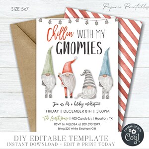 EDITABLE Chillin with my Gnomies, Gnome Christmas Party Invitation Template, Holiday Party Invitation - DIY Edit with Corjl - #CP70